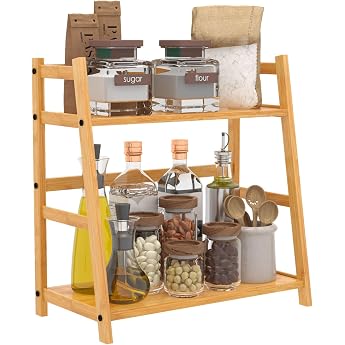 Spice Rack Bamboo Standing Table Shelf 40 x 40 x 21 cm Spice Rack Wood Kitchen Organizer Organization for Worktop Kitchen Laundry Room and Office