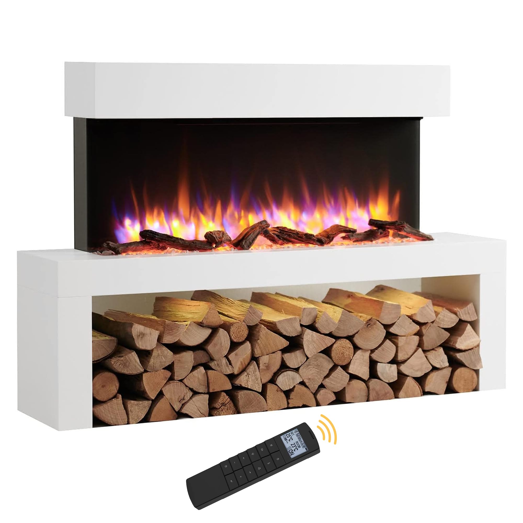 Endeavour Fires Wykeham 47" Wall Mounted Electric Fireplace Suite with Off-White Surround & Base Plinth, 3D Flame Effect, 13-Colour LED Lighting, 1-2kW Heater, Remote Control