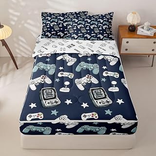 Castle Fairy Gamepad Kids Zipper Bedding Set Full Size,Video Gaming Bed in a Bag Sets,Kids Games Consoles Kid Comforter Set for Boys Girls Bedrrom,Blue Quilt with Zipper Design