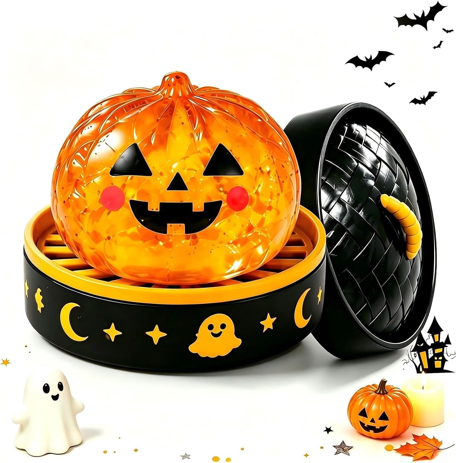 Halloween Spooky Glitter Dumpling Squishies Toy,Ghost Bao Bun Squishes (Pumpkin)