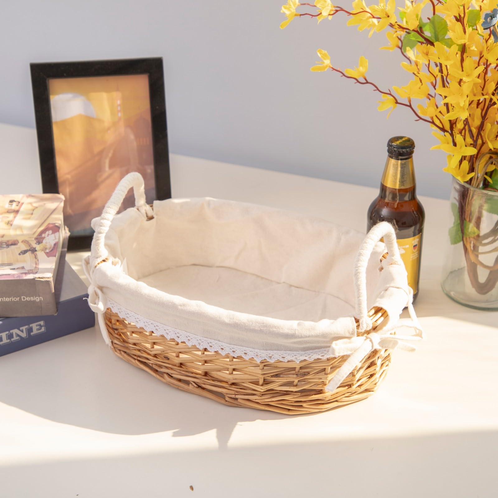 Cesta de mimbre para pan con forro blanco extraíble, cesta de servir pan para encimera de cocina con asa, 31 x 21 x 9 cm.