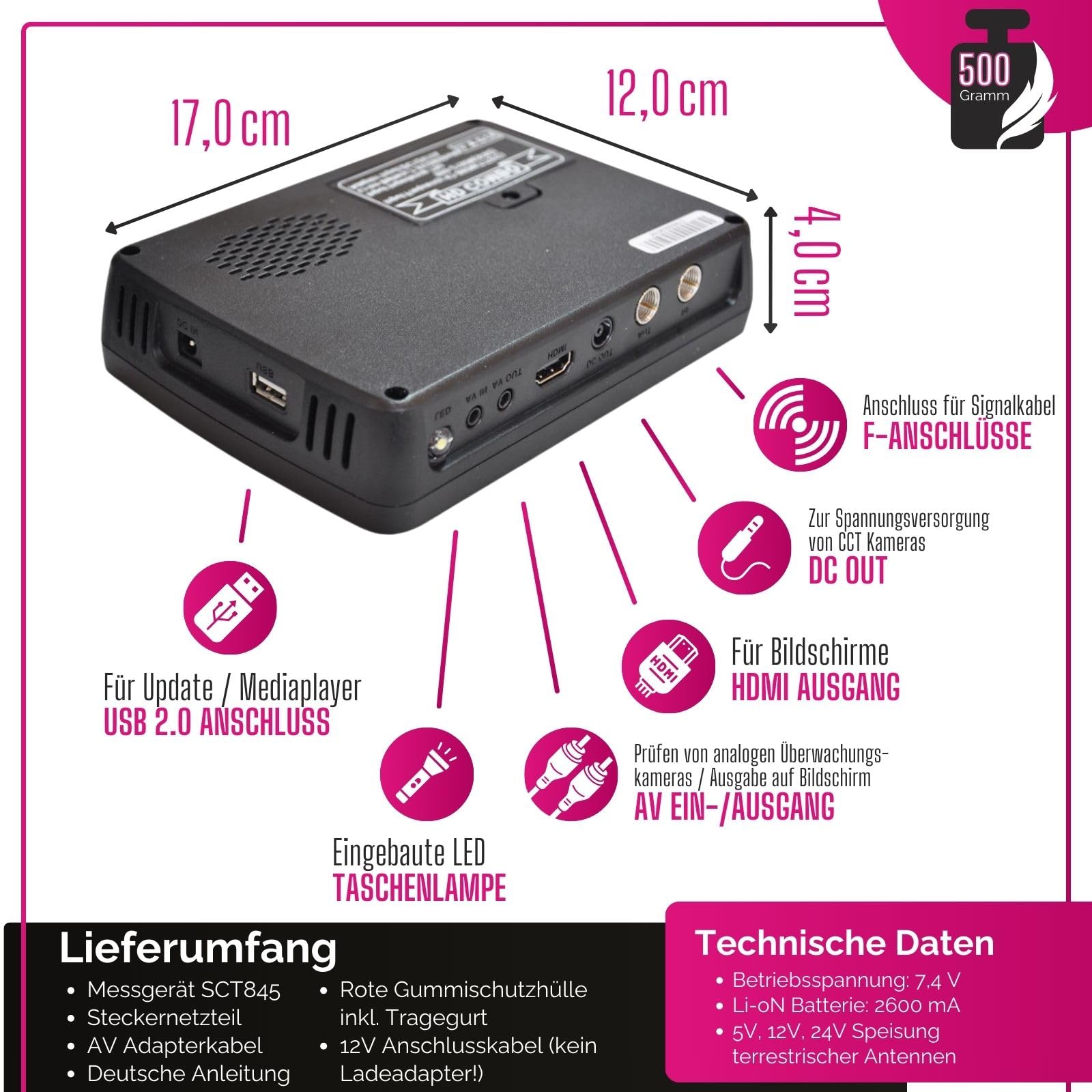 Summit SCT 845 Satelliten Messgerät I Sat Finder für DVB-S/S2, DVB-T/T2 | & DVB-C I Digitales Messgerät mit 4,3" TFT LCD Display I inkl. Steckernetzteil, AV-Kabel