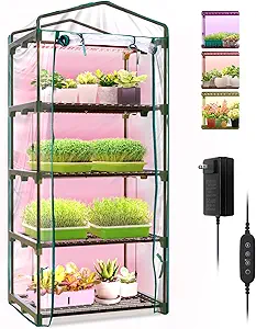 Indoor Greenhouse with Grow Lights, 4 Tier 27.2" L×19.9" W×61.8" H Mini Greenhouse with Zippered PVC Cover for Seed Starting Trays, Dimmable 2FT 60W Plant Light for Indoor Plants with Timer
