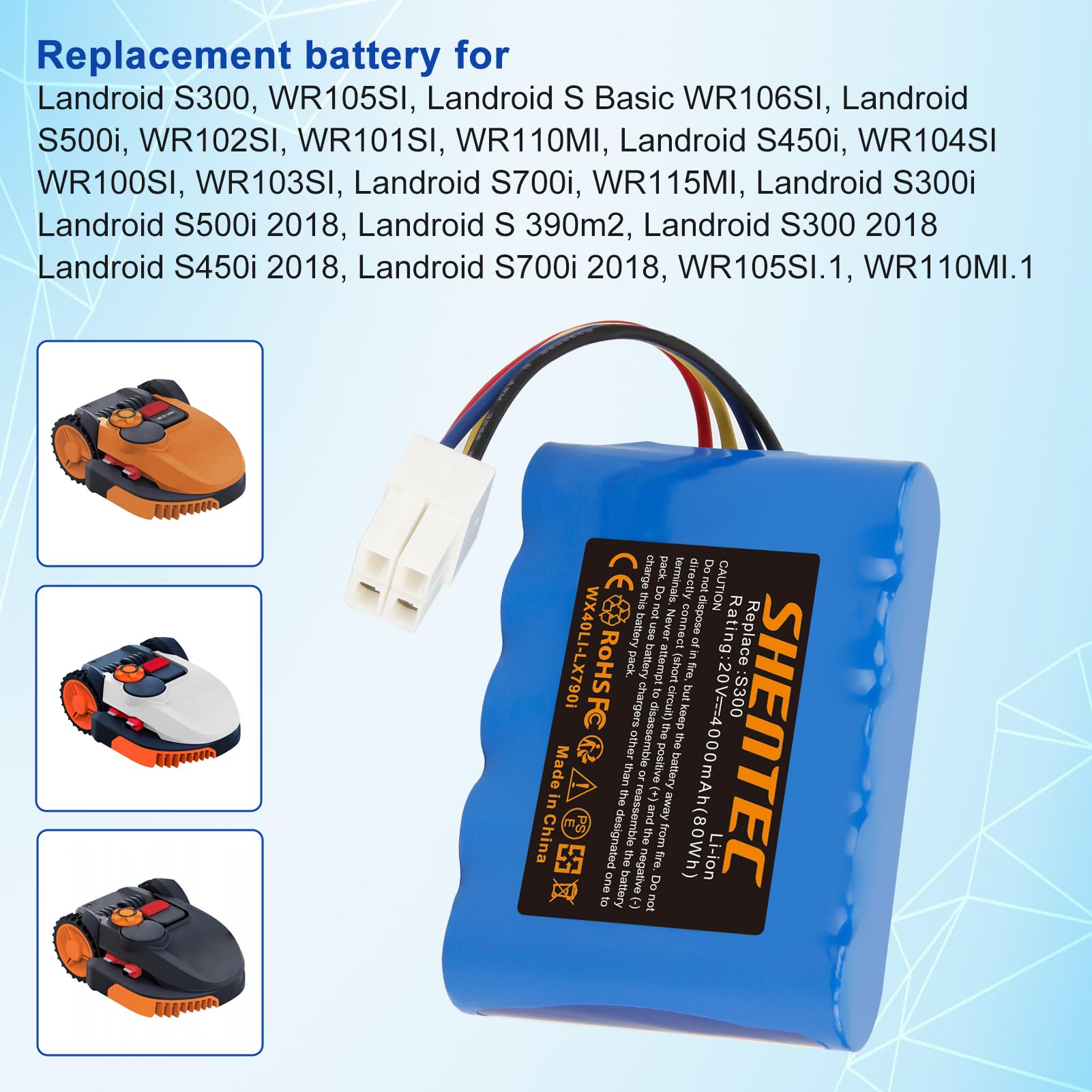 20V Batteria di ricambio per Worx Landxcape LX790i/LX790/LX792/LX795/LX796/LX797/LX991 & Ferrex 800 m² 2021 | Batteria di ricambio per Automower LA0001/LA0002/WA3230/WA3231