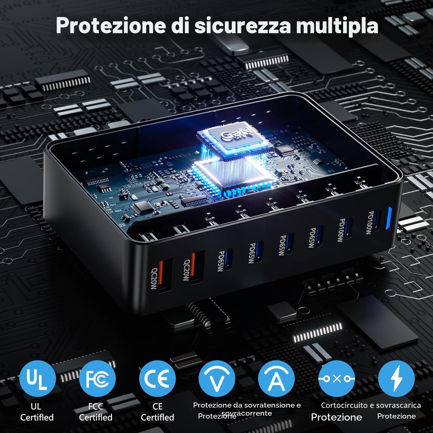 Caricabatterie USB C 500W, Caricatore Rapido 8 in 1 a Spine Multiple【2PD100W+4-PD65W+2QC3.0USBA】, Stazione di Ricarica Alimentatore GaN III PPS, Compatibile con MacBook Pro/Air/iPad/iPhone/Samsung