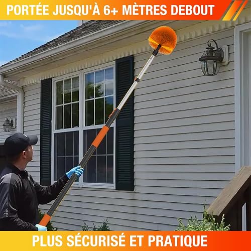 LAANPOLE Plumeau Poussiere 6m avec Perche Télescopique, Plumeau Telescopique pour Nettoyage, Tete de Loup pour Plafonds et Coins - Usage Intérieur/Extérieur - 6