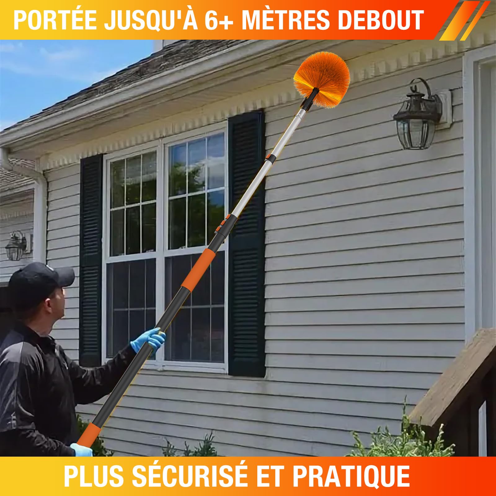 LAANPOLE Plumeau Poussiere 6m avec Perche Télescopique, Plumeau Telescopique pour Nettoyage, Tete de Loup pour Plafonds et Coins - Usage Intérieur/Extérieur