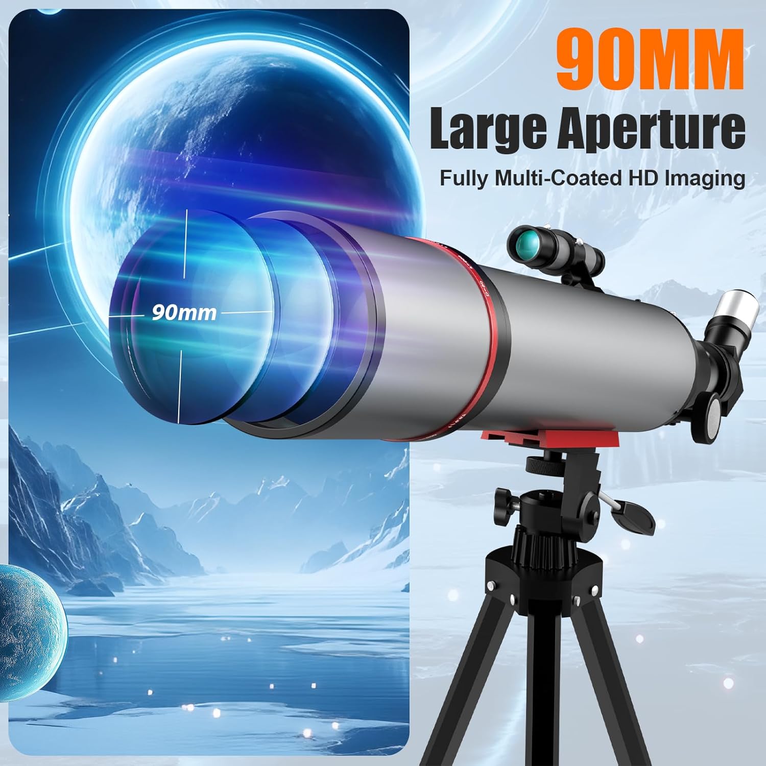 Telescope for Adults High Powered, 90mm Aperture 600mm Professional Refractor Telescopes for Kids & Beginners, Magnification 180X, Gifts for Planet Observation with Phone Adapter Tripod & Carry Bag - Image 2