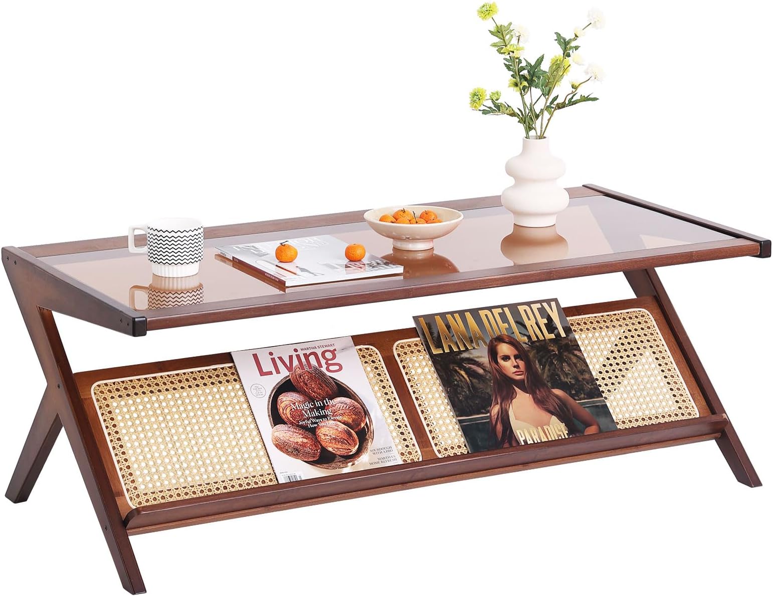 Rattan Coffee Table, Bamboo Accent Bedside Tables, Glass Nightstand Side Table, Boho Wooden End Table with Storage for Living Room,Living Room, Dining Room, Tea, Home Décor