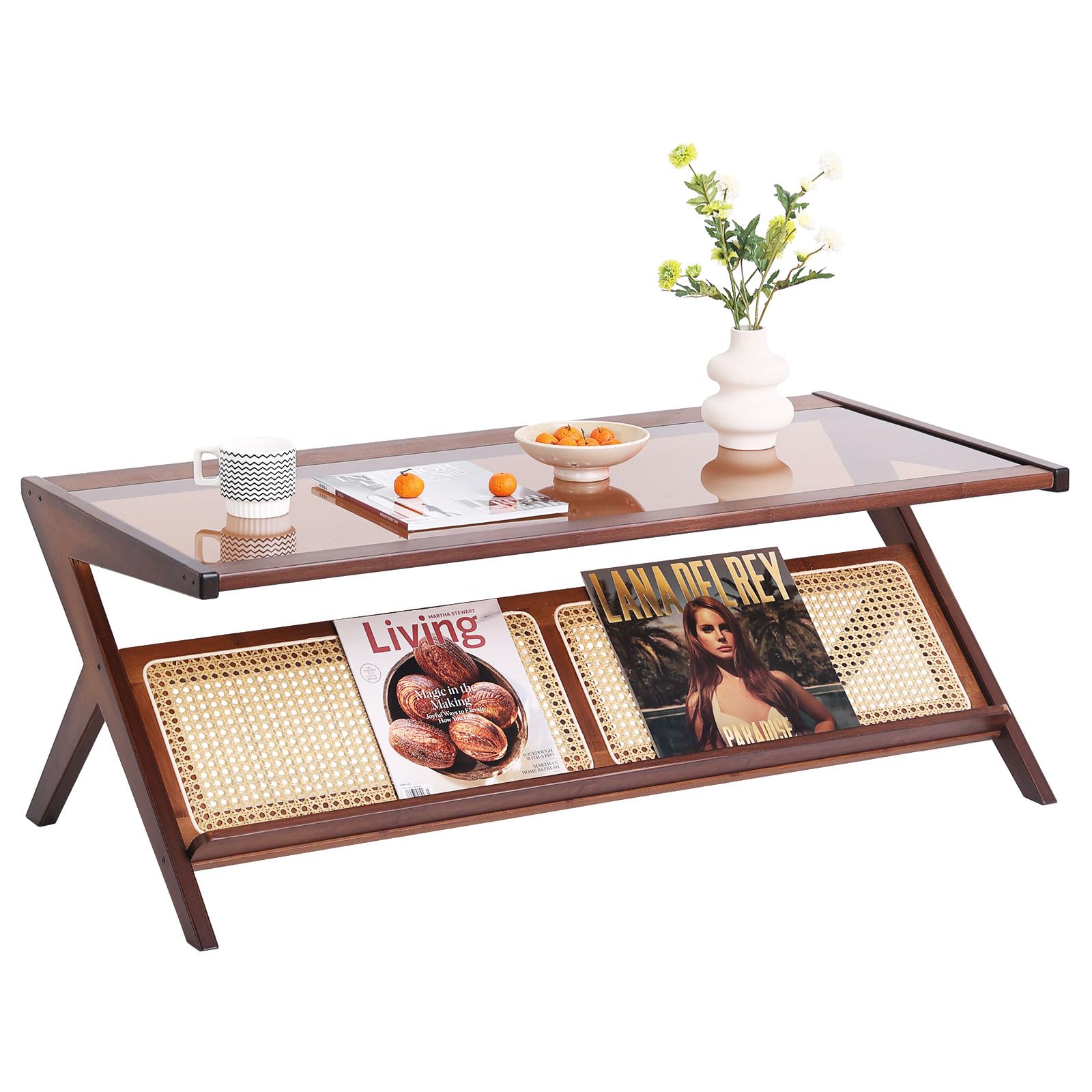 Tiita Brown Rattan Coffee Table, Bamboo Glass Top with Storage