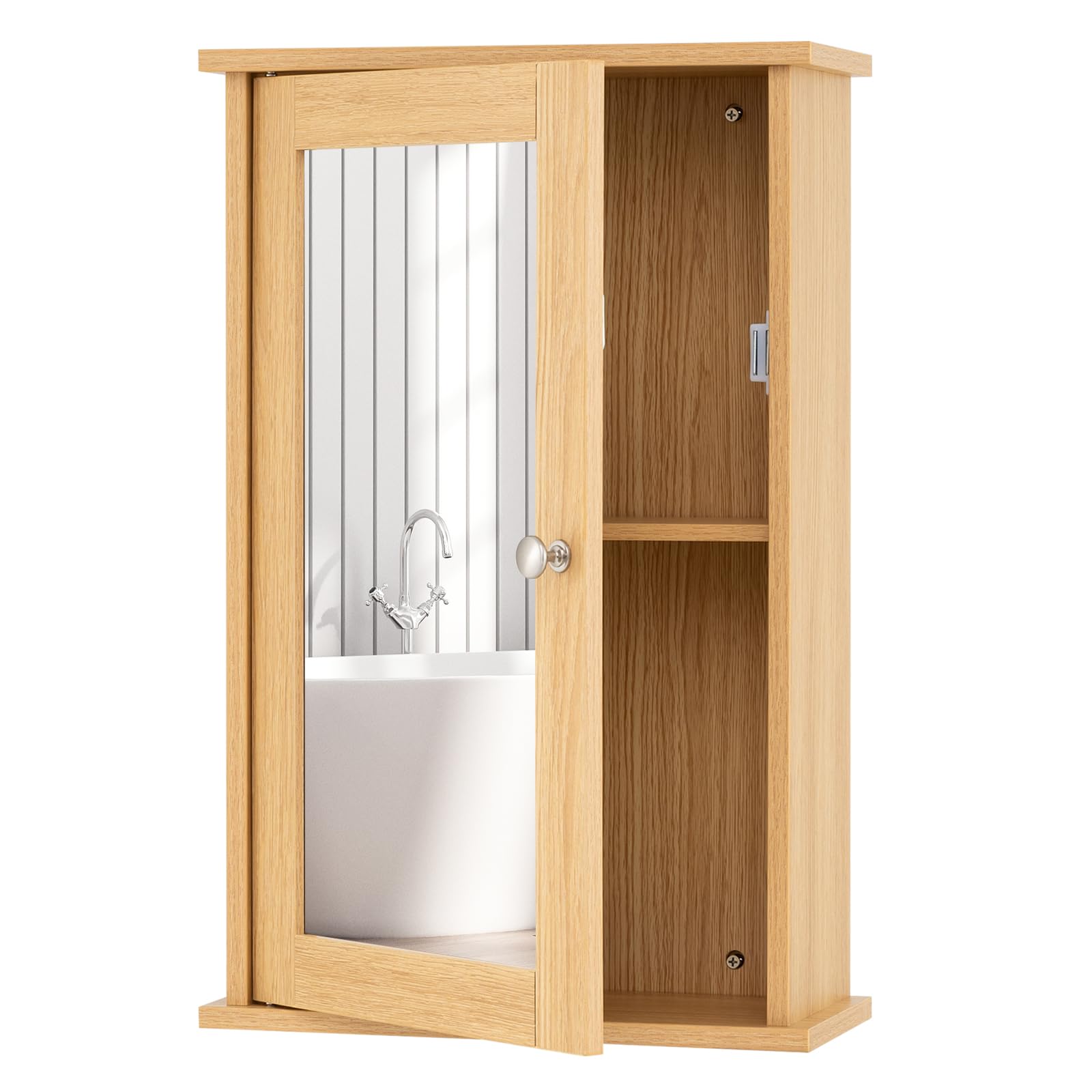GIANTEX Armoire Murale avec Mirror, Meuble Salle de Bain Rangement avec Étagère Réglable & 2 Compartiments, Placard de Rangement pour Toilette, Salon, 34 x 15 x 53 cm (Naturel)