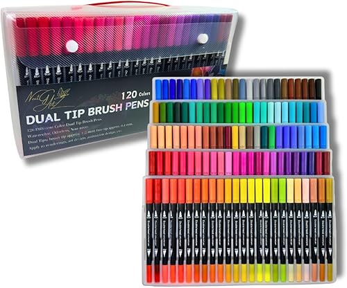 NextG Artz - Rotuladores de doble punta, 120 colores brillantes únicos, punta fina y punta de pincel para amantes del arte, libro de dibujo para