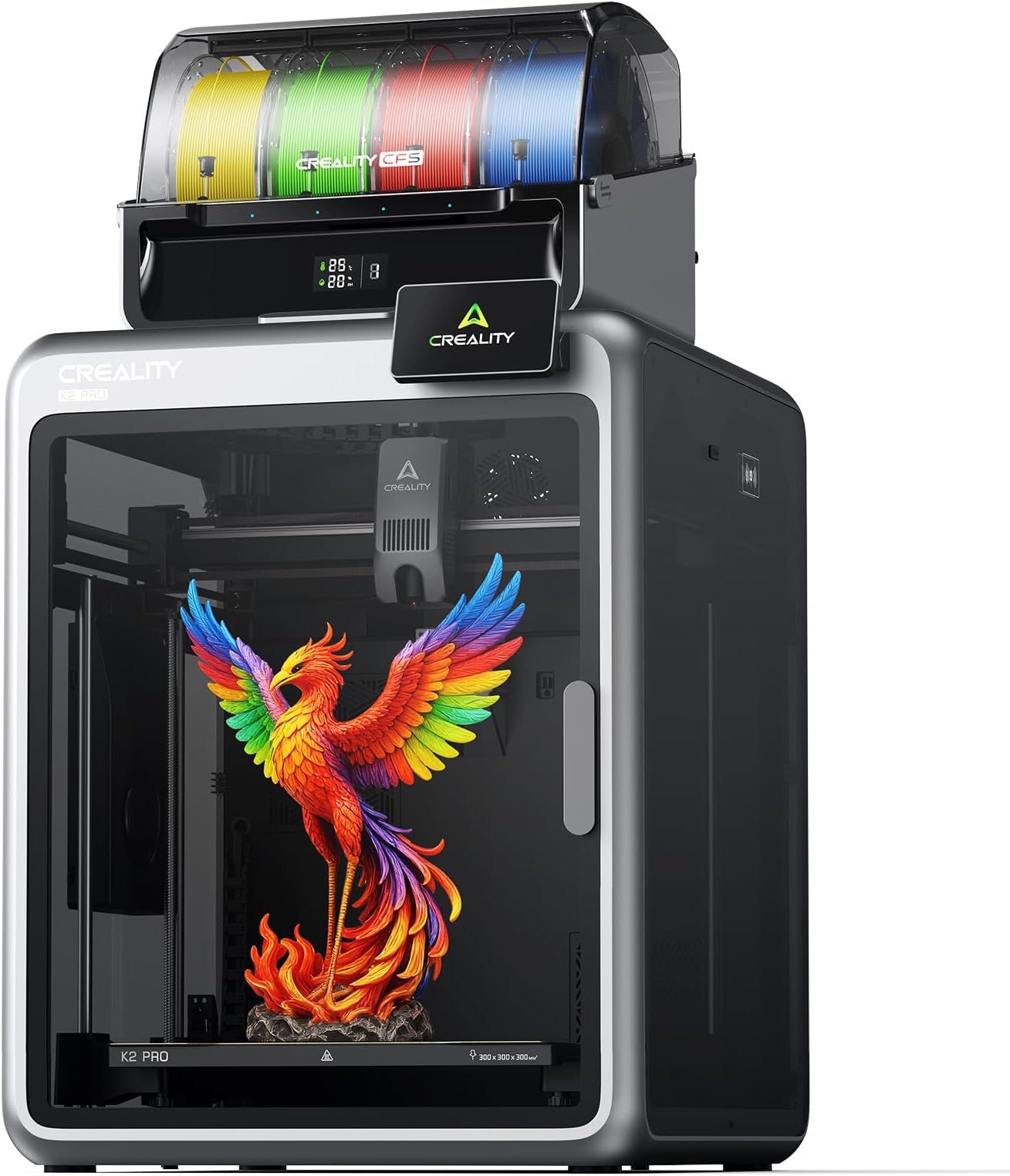 - K2 Pro (A) 3D Printer, Bundle with Creality CFS, 600mm/s Max High-Speed Printing, Dual AI Camera, Fully Assembled Auto Leveling, 300x300x300mm Large Print Volume, for Pros & Hobbyists