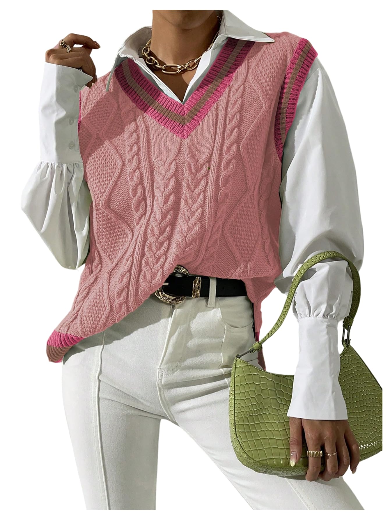SweatyRocks Womens Cable Knit Sweater Vest Side Split V Neck Sleeveless Pullover Tops