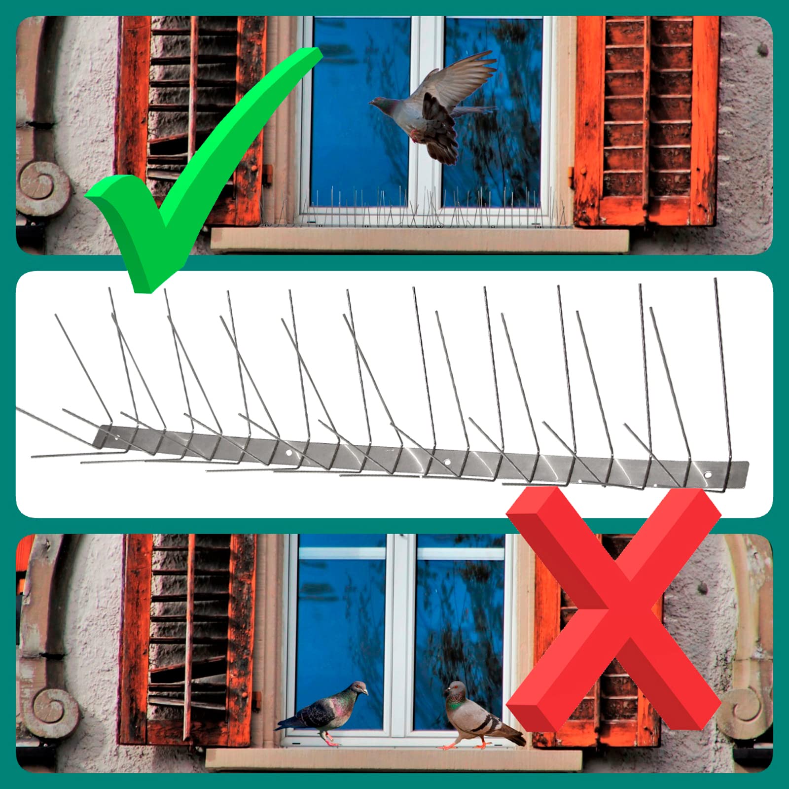 PRIOstahl Taubenabwehr Taubenspikes Vogelabwehr mit Edelstahlgrundplatte 4-reihig 15 Meter (30 x 0,50cm Spikes) Vogelschutz Abwehr für Balkon Dach Fenster UV-Beständig & rostfrei Edelstahl V2A