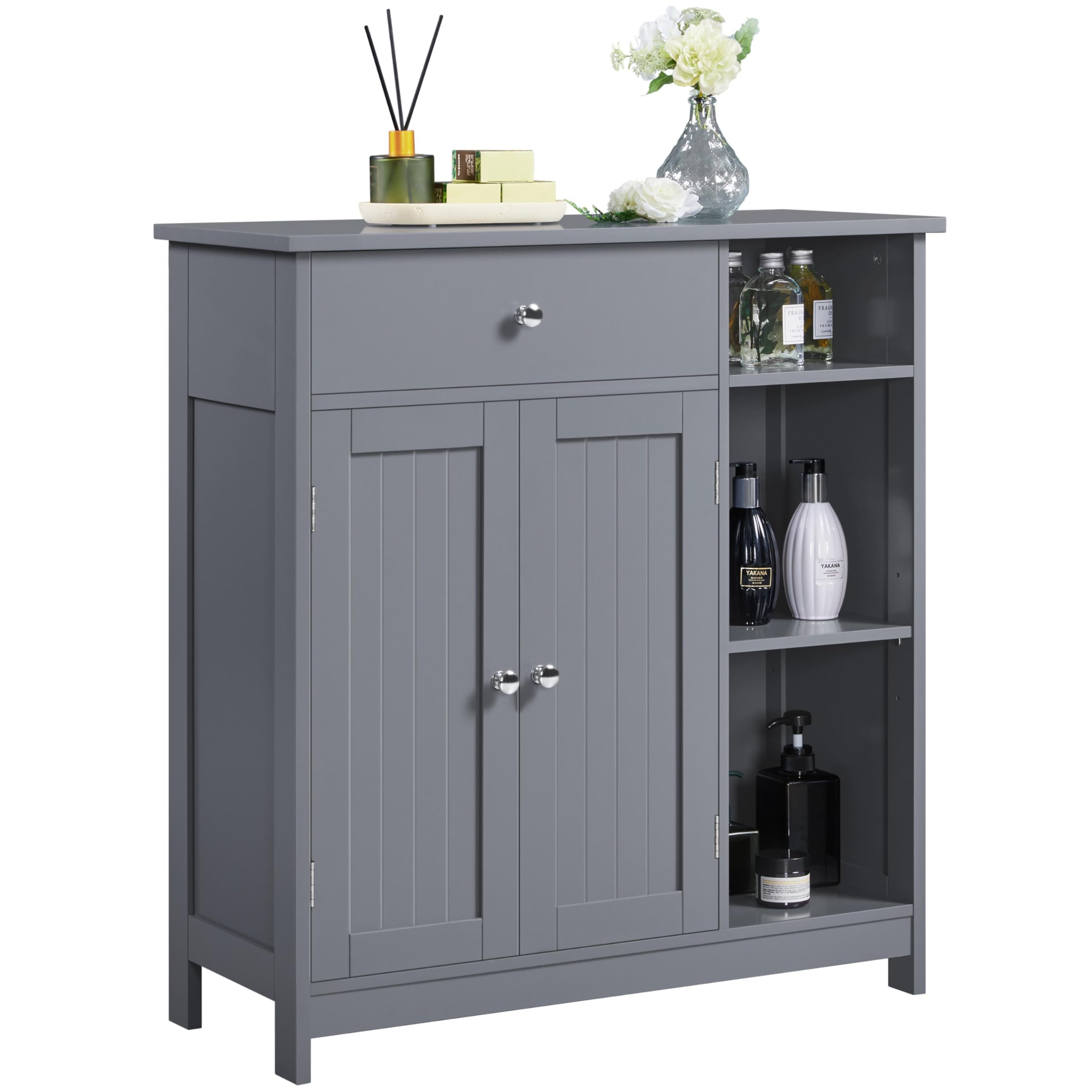 Yaheetech Mueble de Baño de Suelo Auxiliar de Madera Armario Baño con Cajón y Puertas Mueble de Cocina con Estante Ajustable 75 x 30 x 80 cm Gris