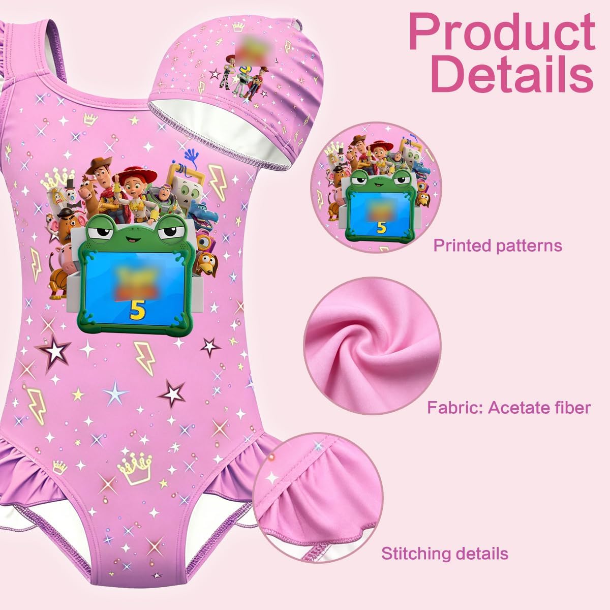 Toy Story 5 One-Piece Swimsuit with Swim Cap for Girls Ages 3–14, Cartoon Character Swimwear for Summer Beach