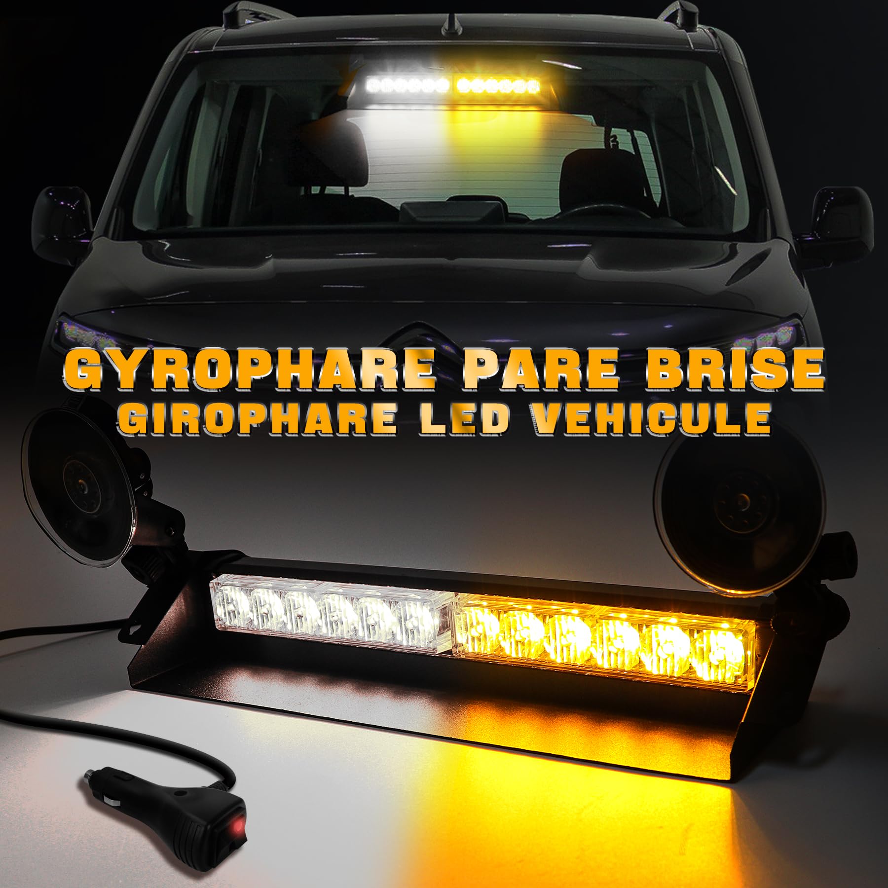 Gyrophare LED Stroboscopique - 35.6cm 12 LED Rampe Gyrophare Led 9 Modes de Flash, 12V-24V Pour Voiture Camion remorque, Feux d'avertissement d'urgence Clignotants (Ambre/Blanc)
