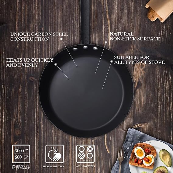 Coating-Free Carbon Steel Pan, Durable 10 Inch nitrided Frying Pan, Oven Broiler Safe 660F and Induction Compatible, PFOA Free