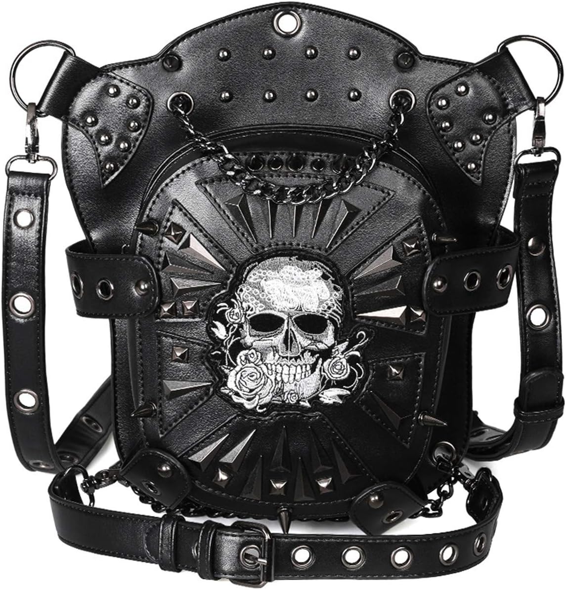 Qianmome Gothic Steampunk Rose Skull Waist Bag Fanny Pack Leather Travel Purse Side Wallet Leg Bag Crossbody Shoulder Messenger Bags Unisex