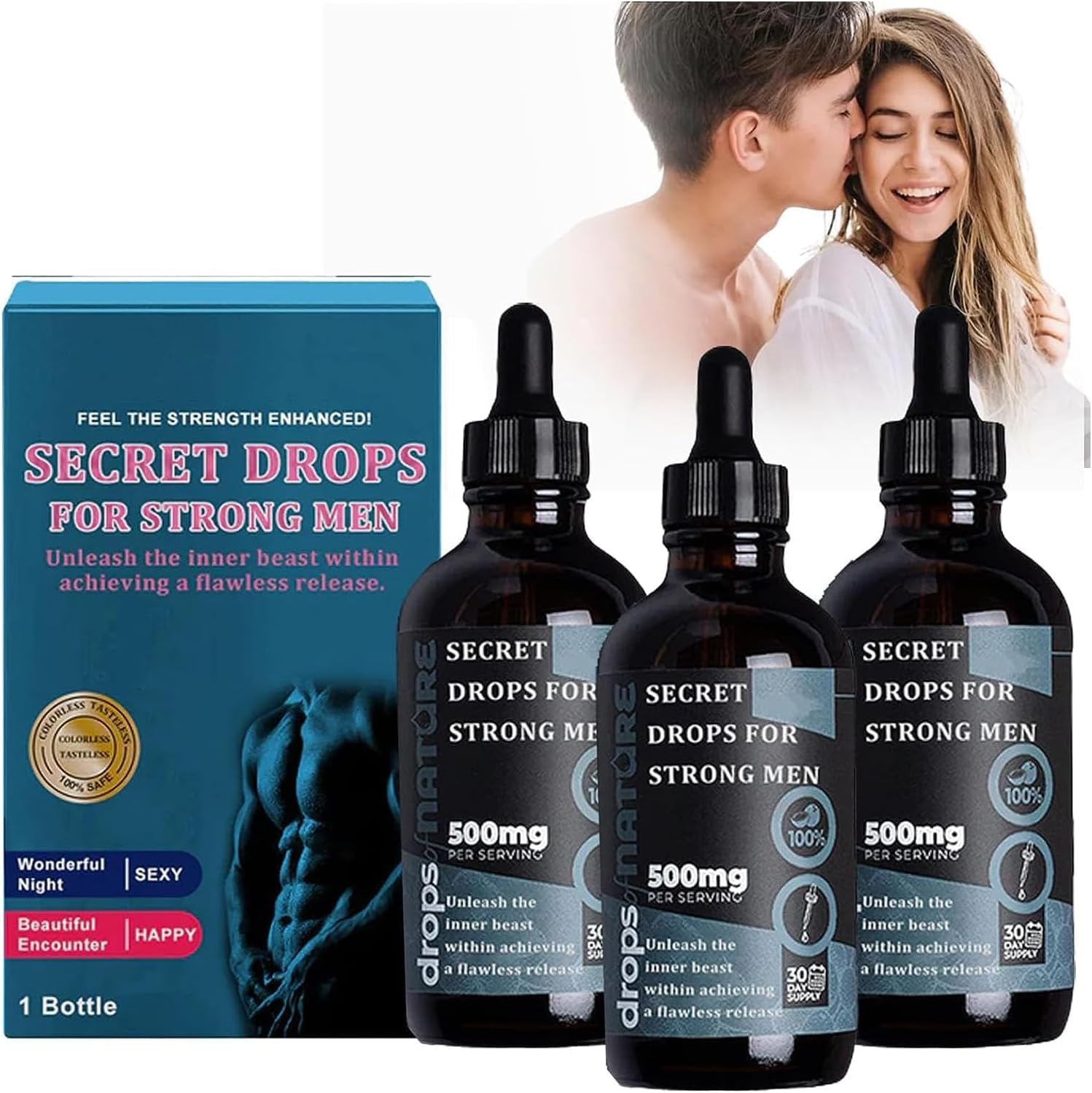 Secret Drops for Strong Men,Secret Happy Drops,Enhancing Sensitivity and Pleasure,Pleasurepeak Oral Drops,Boost Energy Levels, Improve The Quality of Love and Make Her Love You More (3 Pcs)
