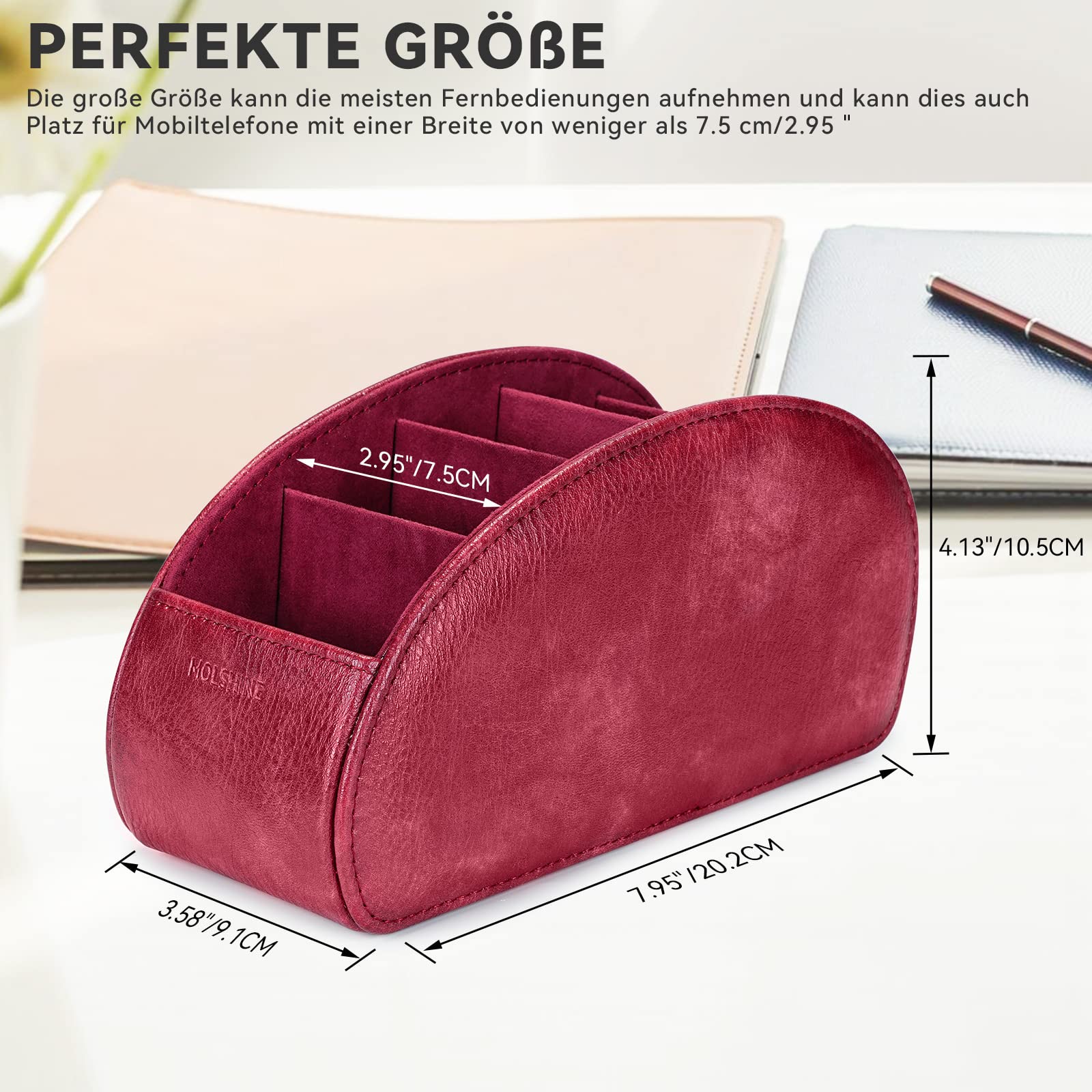MOLSHINE Uchwyt na pilota z 5 przegródkami, Pu Leather Organizacja biurowa Pudełko do przechowywania Caddy Box na pilota do telewizora,kontrolery ogrzewania,materiały biurowe (Ciemno Czerwony)