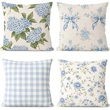 Tudomro Set of 4 Hydrangea Floral Pillow Covers 18 x 18 Inches Blue White Grid Hydrangea Throw Pillow Covers Linen Cushion Case for Sofa Couch Spring Summer Outdoor
