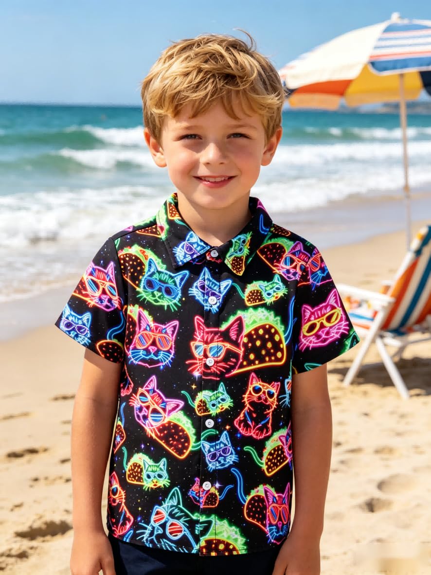 ALISISTER Camisa neón para Chicos Camisa Hawaiana de Manga Corta niños con Botones Camisa Informal de Verano 3-10 años