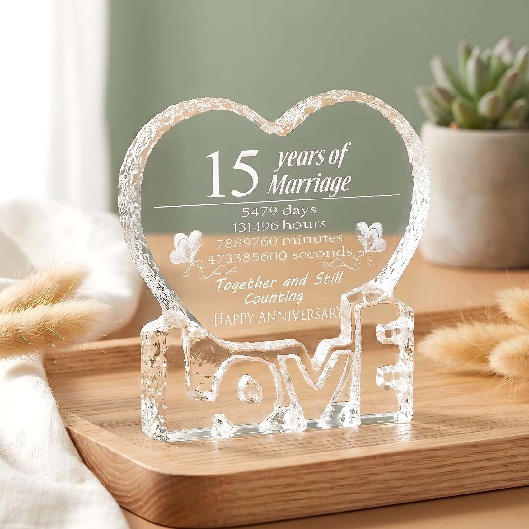 Movdyka 15 aniversario de boda, regalo de cristal para ella, esposa, él, pareja, 15 años de matrimonio, cristal, amor, corazón, pisapapeles