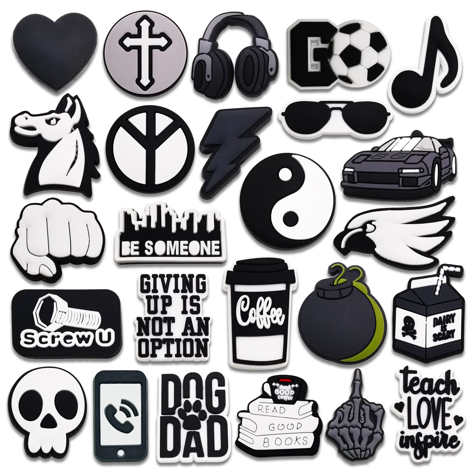 25 50PCS Black and White Charms for Croc Bubble Slides Clogs Sandals, Cool Shoe Accessories Decorations for Men Adults Women