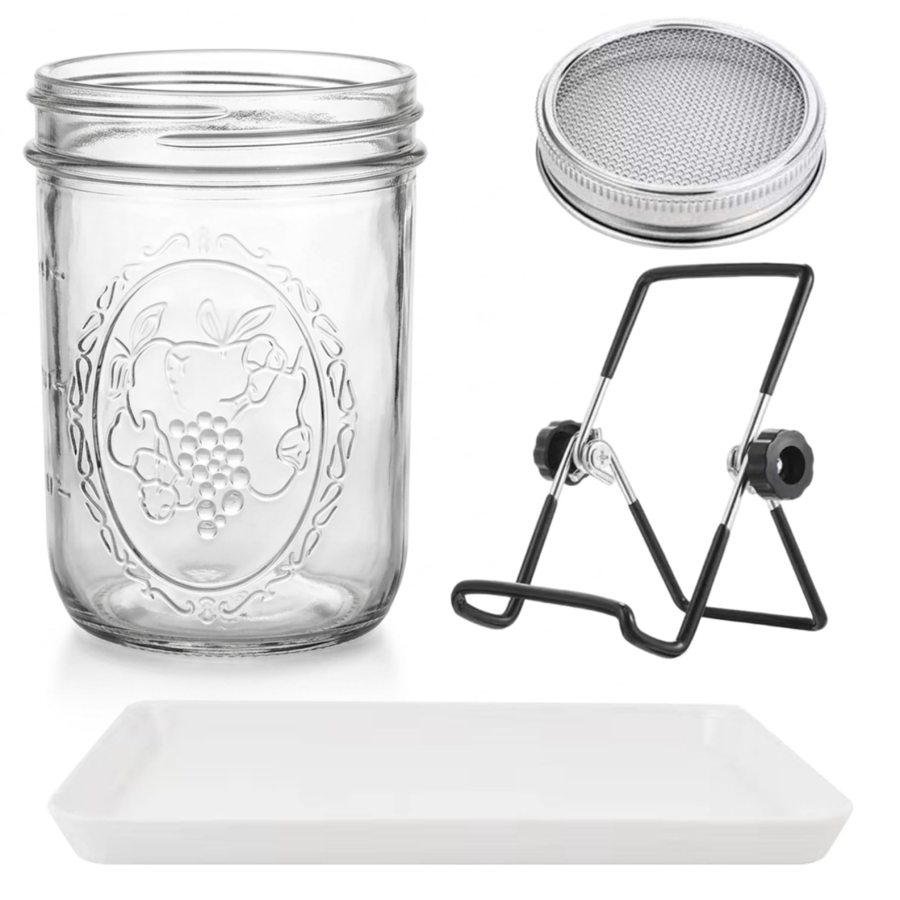 Takingup Sprouting Jar Kit, 500ml Wide-Mouth Glass Sprout Jars with Stainless Steel Lid & Stand for Easy Sprouts Growing Kit, Complete Set for Bean & Seed Sprouting Sprouts Growing