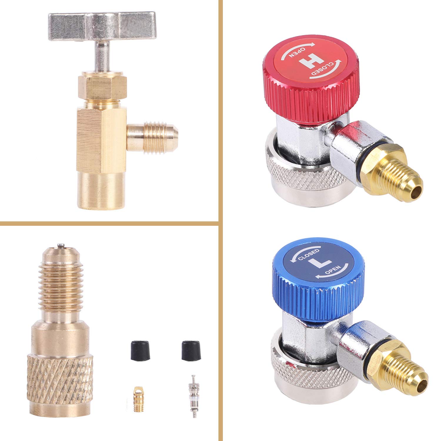 JIFETOR - Juego de 3 maneras de CA para refrigerante R12 R22 R404A R134A, con manguera de 5 pies, acoplador rápido ajustable, puede grifo y adaptador Acme