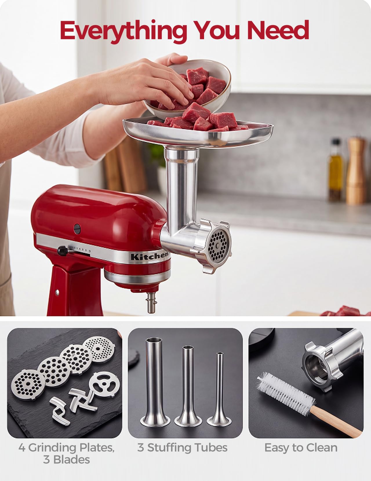 Nasadka do Mielenia Mięsa do KitchenAid Robota Kuchennego | Nasadka do Mielenia Mięsa ze Stali Nierdzewnej Zawiera Nadziewarkę do Kiełbas, Szczotkę do Czyszczenia