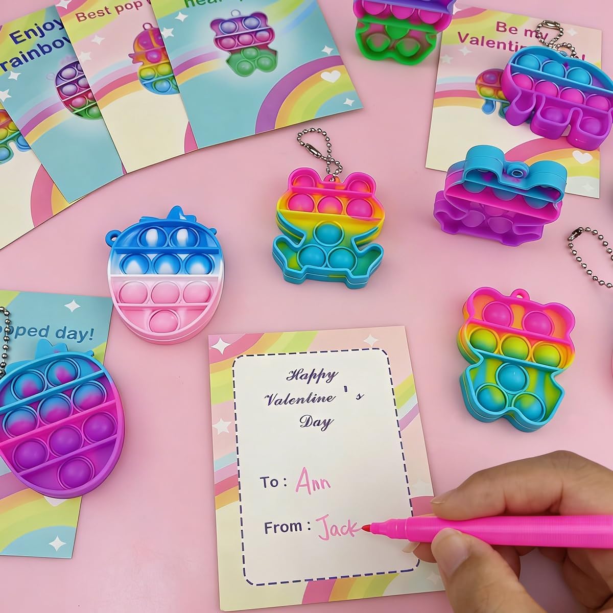 Pinkiwine 24 PCS Valentines Cards with Colorful Pop Toys for Kids School Class Classroom Valentines Day Gifts Prizes Party Favors