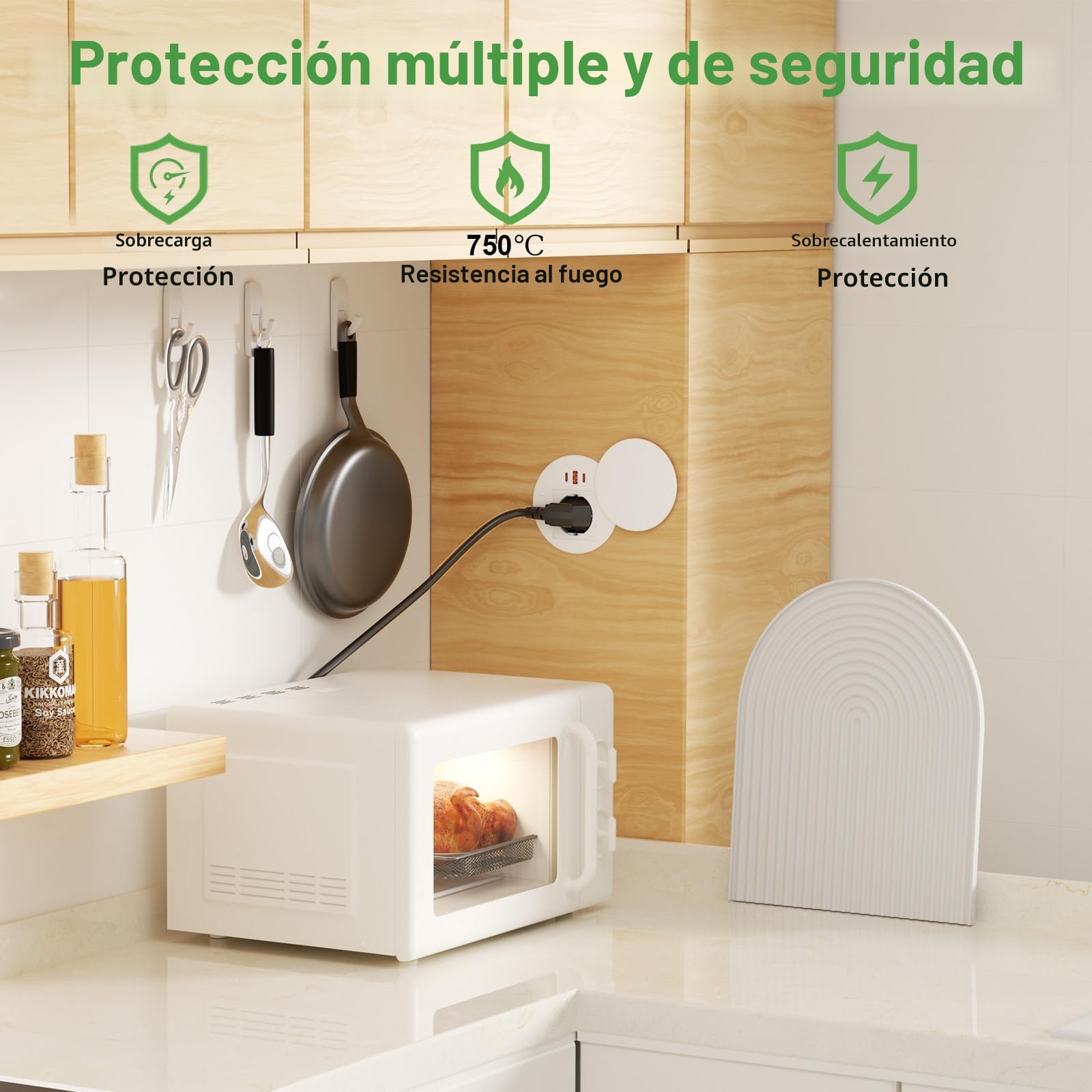 Enchufe Empotrable Mesa con USB C PD 35W, Regleta de Mesa con 3 USB y Tapa, Regleta Empotrable para Muebles o Superficies de Trabajo, Cable de 1,8 m, Blanco