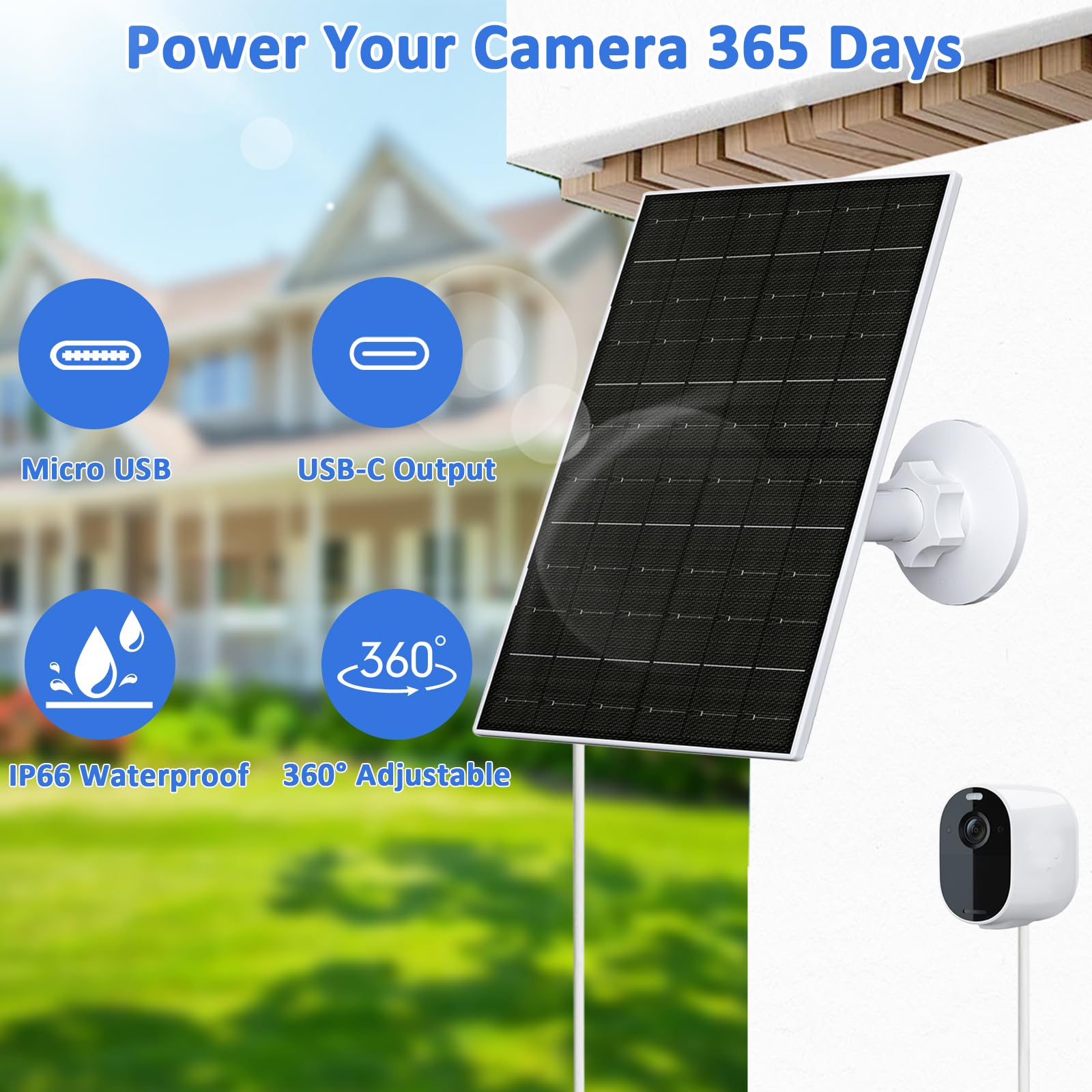 FUTUREZEN Panel słoneczny 6 W do kamery Arlo, ładowarka solarna kompatybilna z aparatami Arlo Essential 2K (2. generacji), Essential XL i Spotlight, wtyczka USB C i Micro USB, wodoodporność IP66