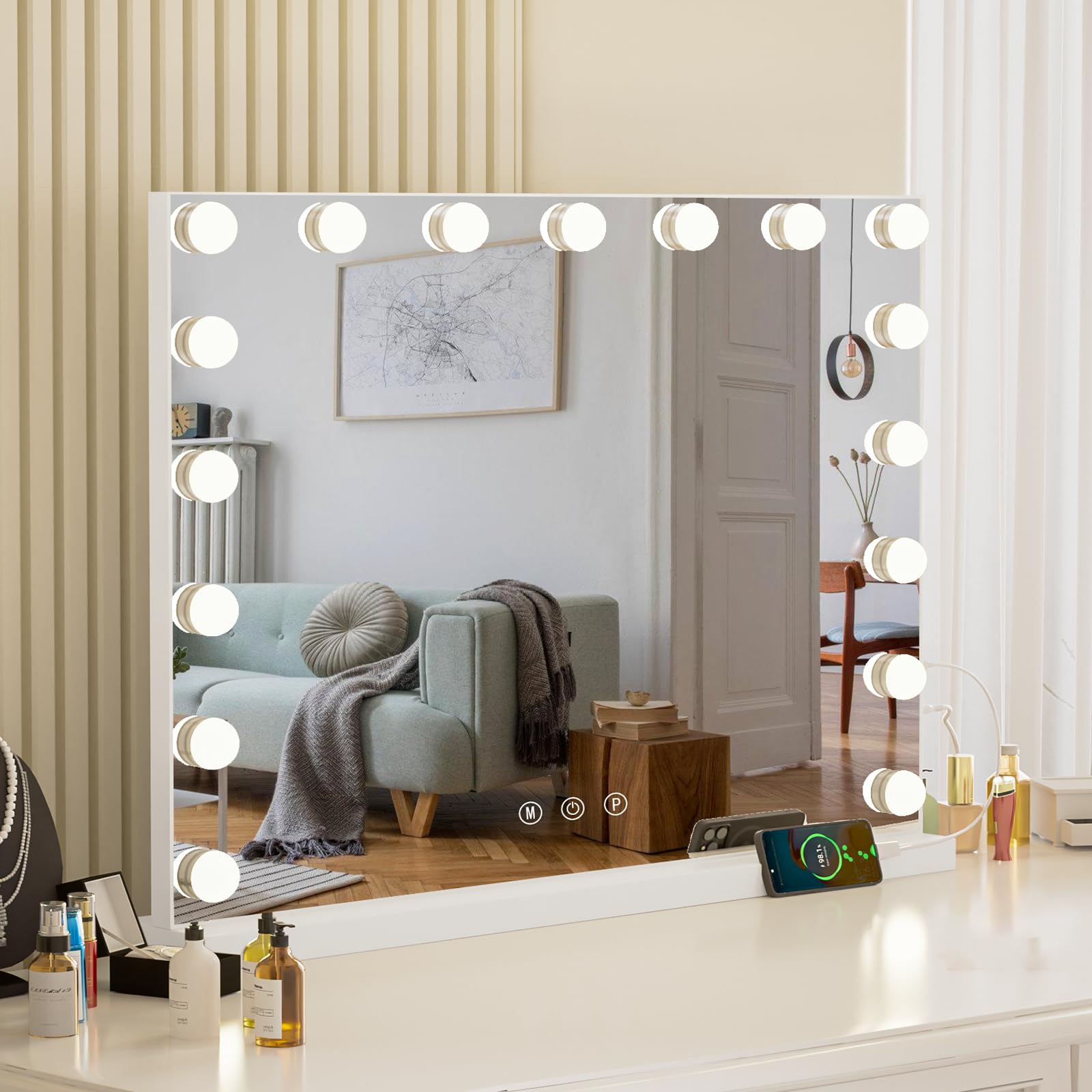 Teousev Makeup Mirror with Light, Vanity Mirror with 17 Bulbs, Touch Control and USB Port – Large Mirror for Wall or Table Mounting, 80 x 62 cm