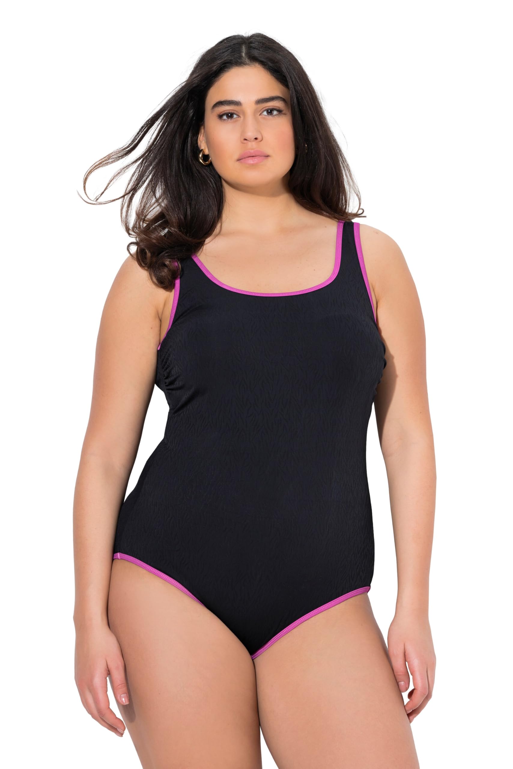 Ulla Popken Women's Badeanzug, Farbige Paspeln, Ohne Softcups, Rundhal One Piece Swimsuit, Black, 50-52