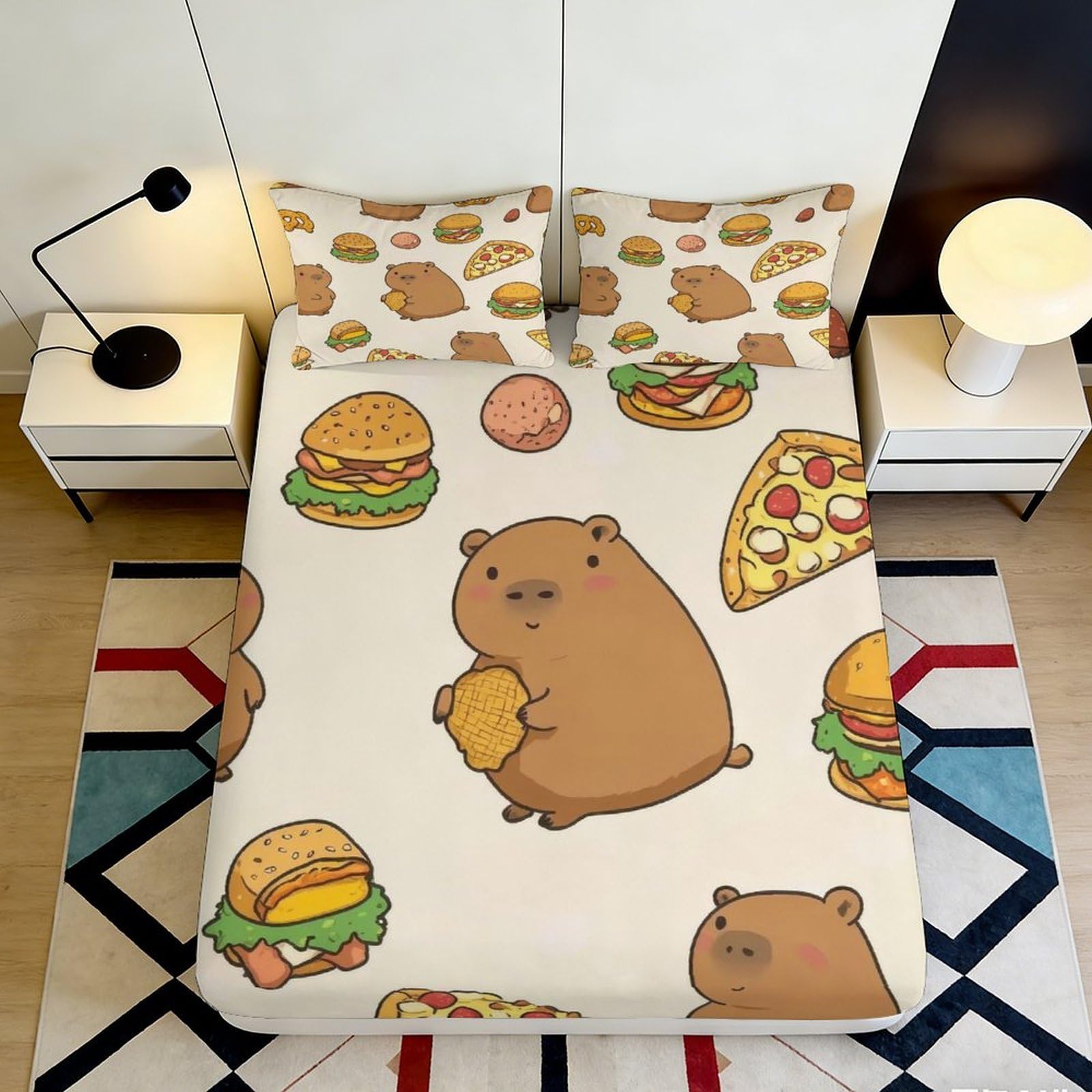 Pnayamiorkfel Style-3 3D Printed Cartoon Bear Food Fitted Sheet Microfiber Soft Breathable Pizza Burger Bed Cover For Bedroom Dorm Decor 90X200x25cm
