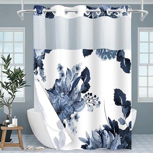 Juego de cortina de ducha y forro sin gancho, cortinas de ducha florales azules para baño, modernos juegos de cortinas de baño de hotel con forro a