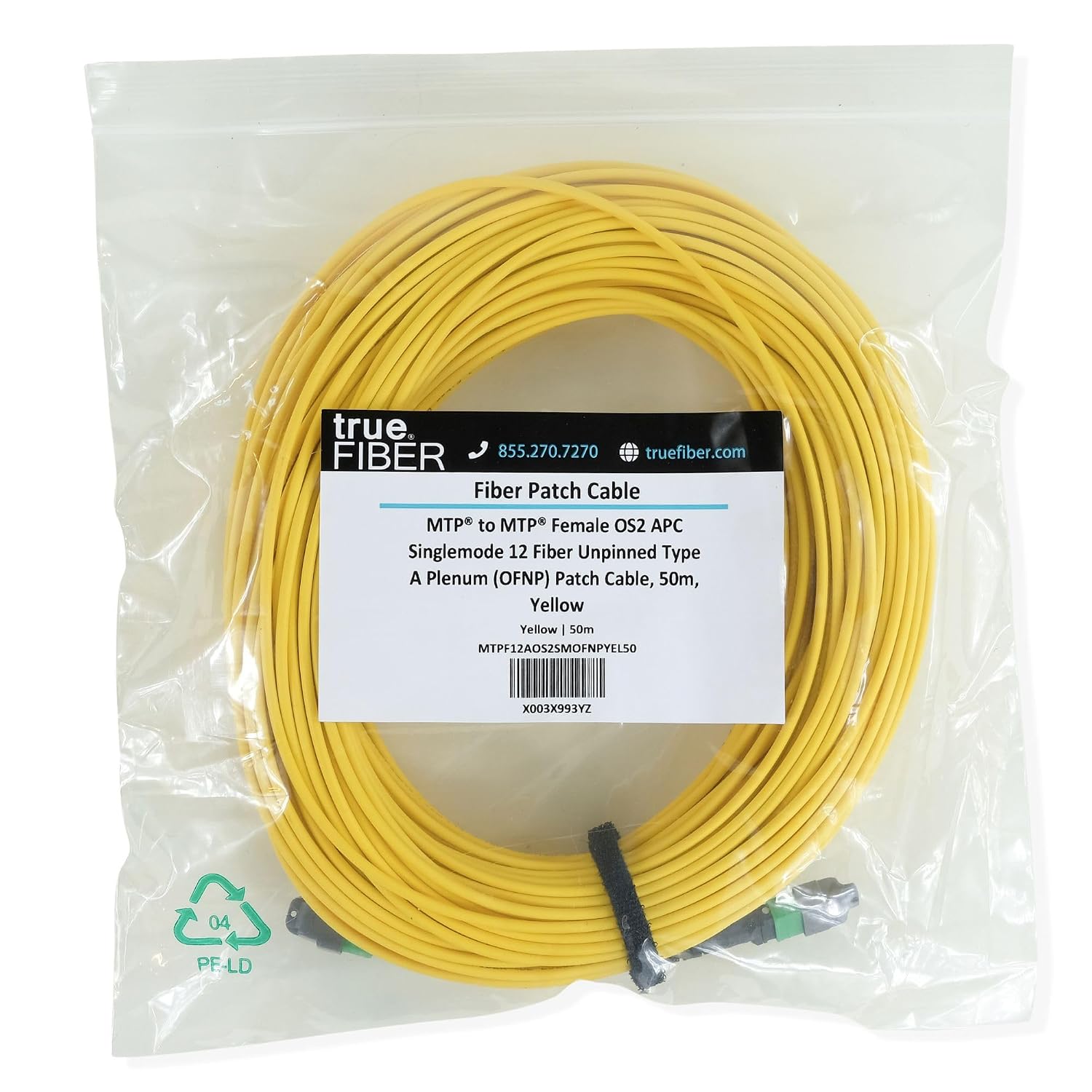 trueCABLE MTP/MPO Elite APC OS2 SM 12F Unpinned (F) Type A Polarity Plenum (OFNP) QSFP28 40/100/400G UL Listed Fiber Patch Cable, 50m (164.04ft), 1pc