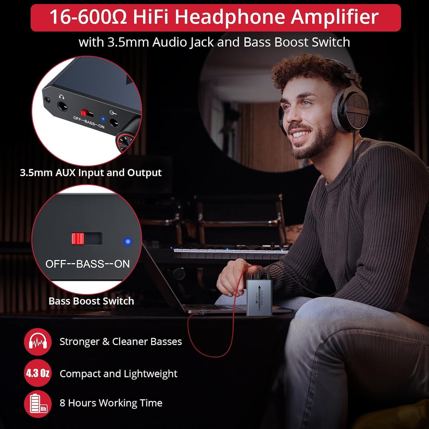 Neoteck Amplificateur Casque Portable avec Bass Boost 3.5mm - 600Ω Haute Impédance, Mini Ampli Audio HiFi, Aluminium, Faible Distorsion, Batterie Rechargeable - Compatible iPad, PS5, Téléphone, PC