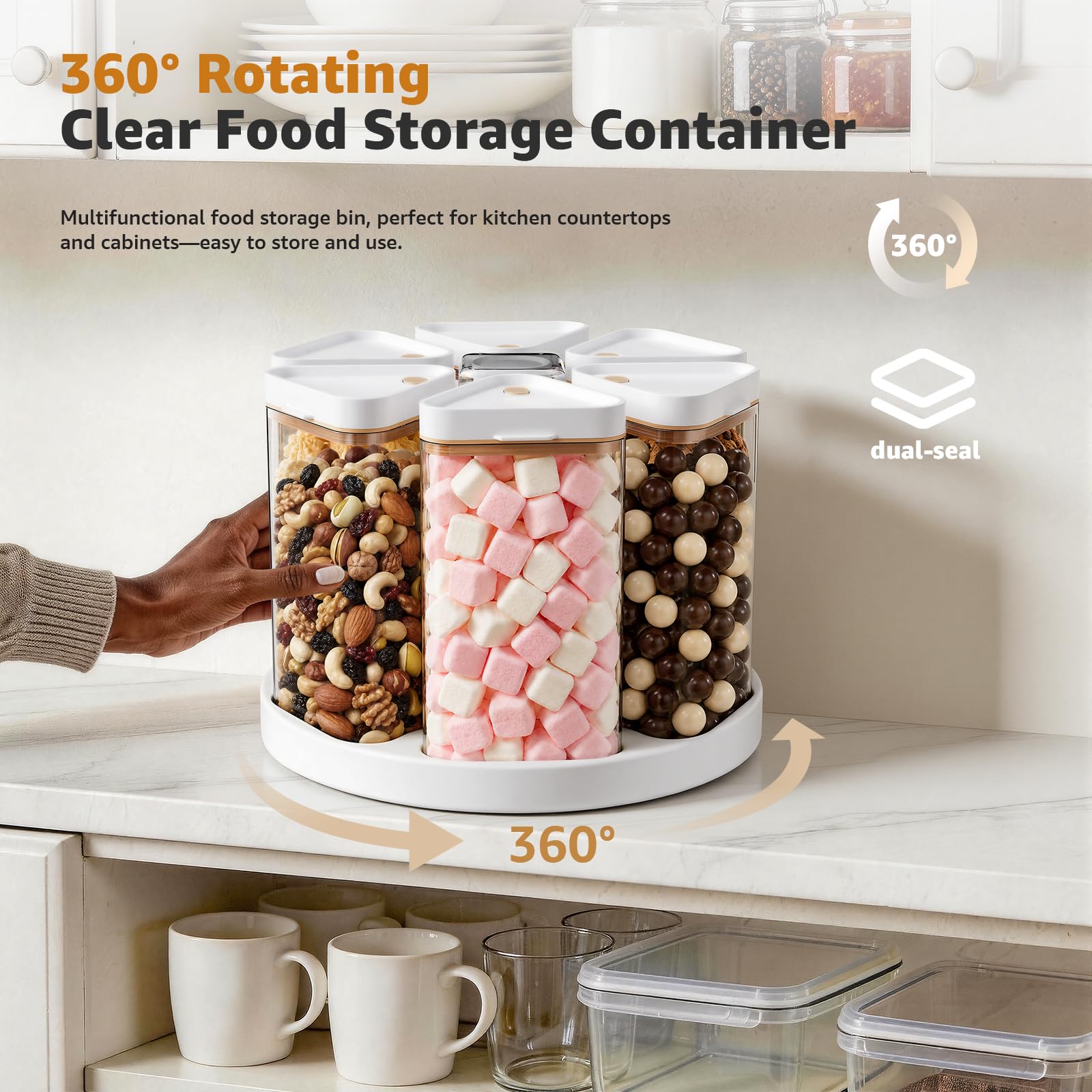 Dispenser per cereali e dispensa, 800 ml, set di contenitori per cereali, pasta, snack, piano di lavoro della cucina, design rotante a 6 griglie per un facile accesso