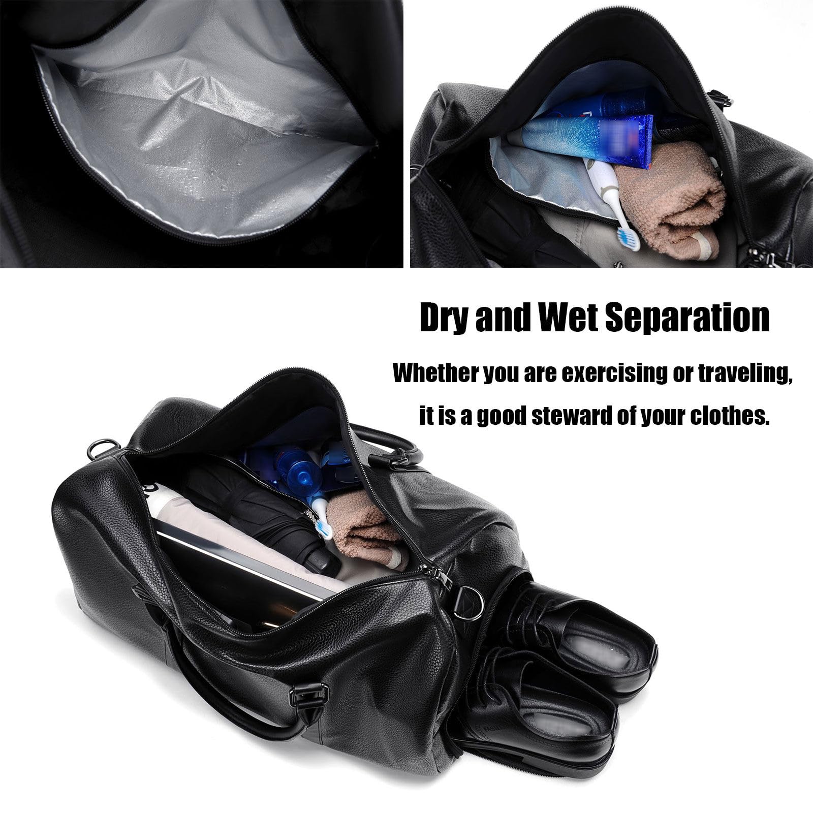 BEITH Borsone Palestra Uomo, Pelle Sintetica Borsone da Viaggio, Borsa Sportiva con Scomparto Scarpe, 40x20x25cm Disponibile per l'imbarco, Separazione a Secco e ad Umido, Impermeabile e Durevole