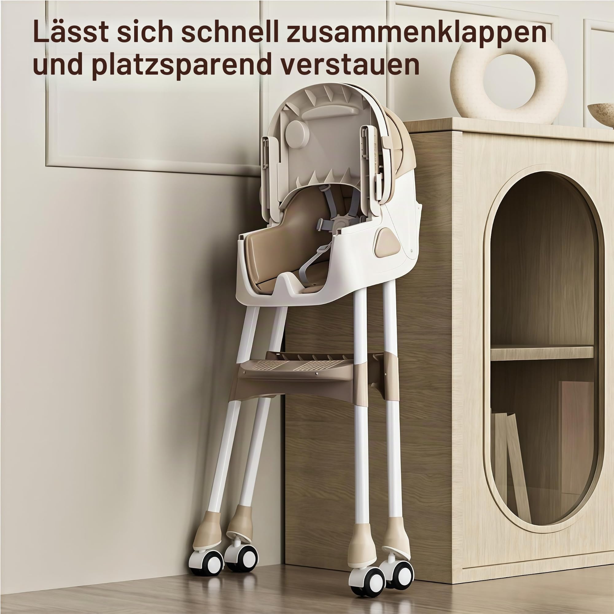 Magic ZC Baby Hochstühle Baby-Hochstuhl Kleinkind-Esszimmerstuhl mit Schwingmodus und 3 Liegepositionen mit abnehmbaren Doppelplatten und Rädern mit bequemer Lagerung (560 Khaki)