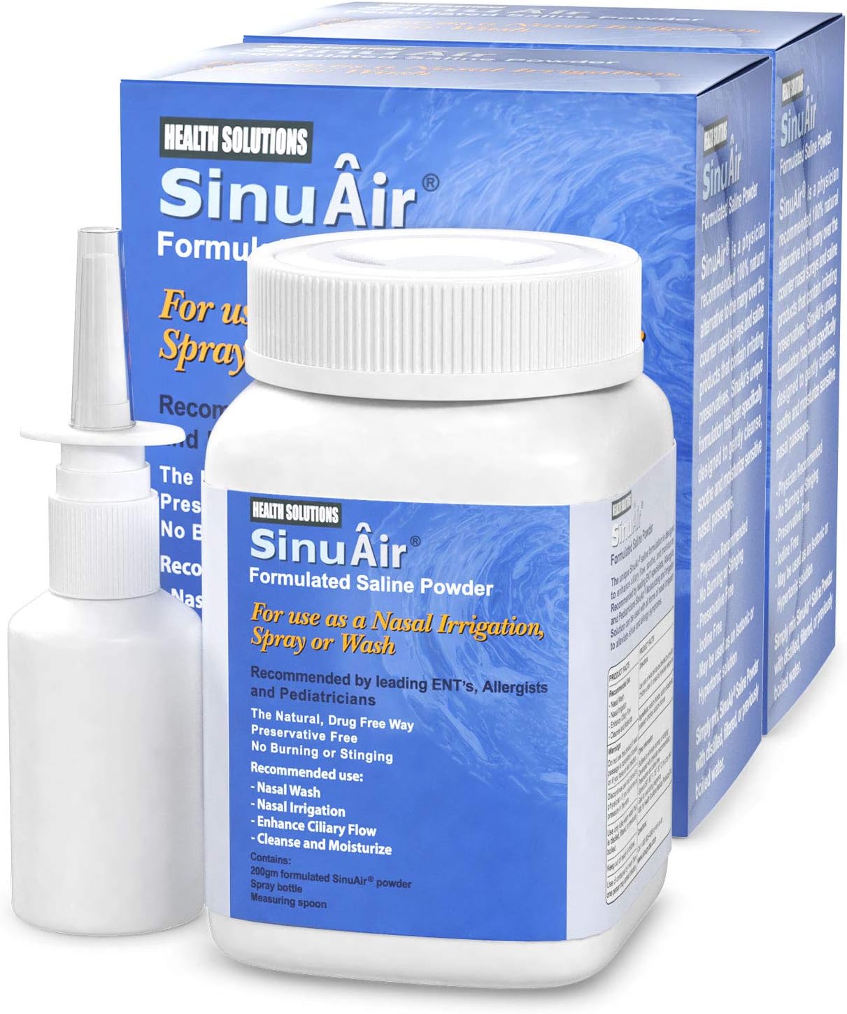 SinuAir 3-Piece Nasal Irrigation Bundle - 2-Pack Powdered Saline (200g) and EZ Squeeze Nasal Wash Bottle - Soothe Allergy and Sinus Symptoms Quickly
