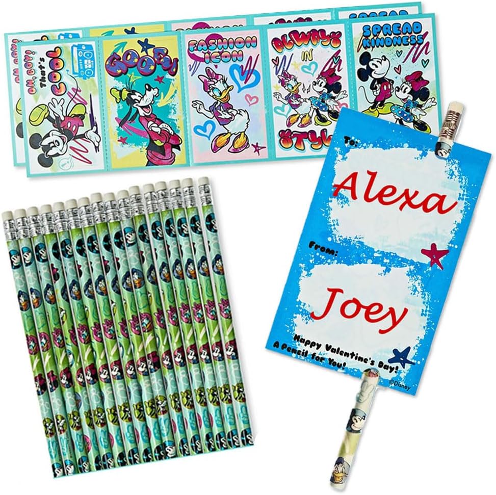 Disney Mickey & Friends Valentine Exchange Cards with Pencils, 16 Pack Classroom Valentines for Kids, Valentine’s Day Party Supplies