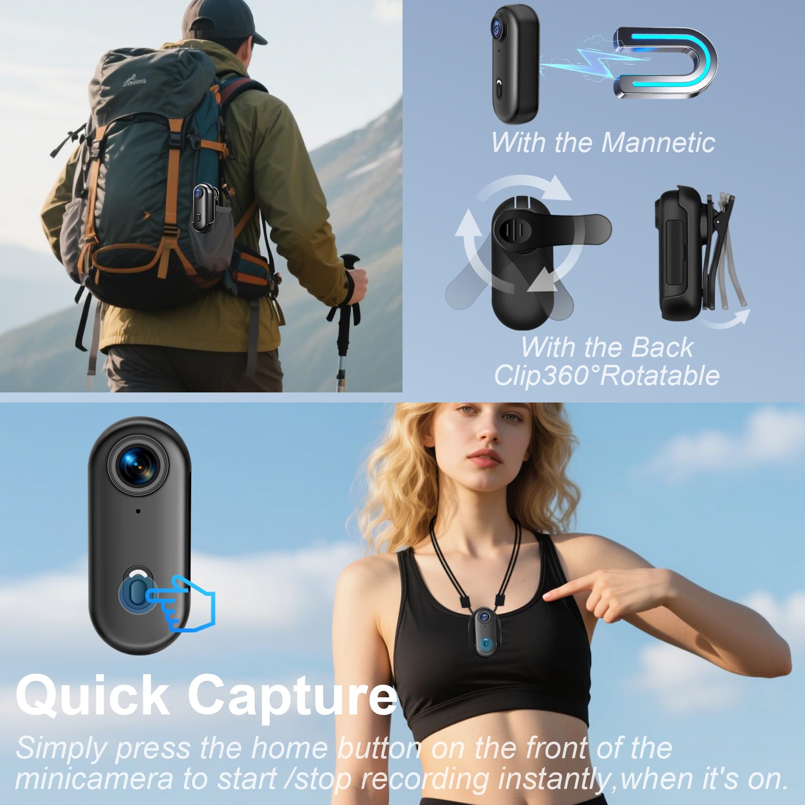 Action Cam WiFi, HD 1080P Mini Sportkamera mit 32 GB Speicherkarte , 360° Kleine Action Kamera, Fahrrad Video Kamera, Motorrad Helm Kamera mit Vielfältigem Zubehör für Reisen/ Outdoor /Haustiere