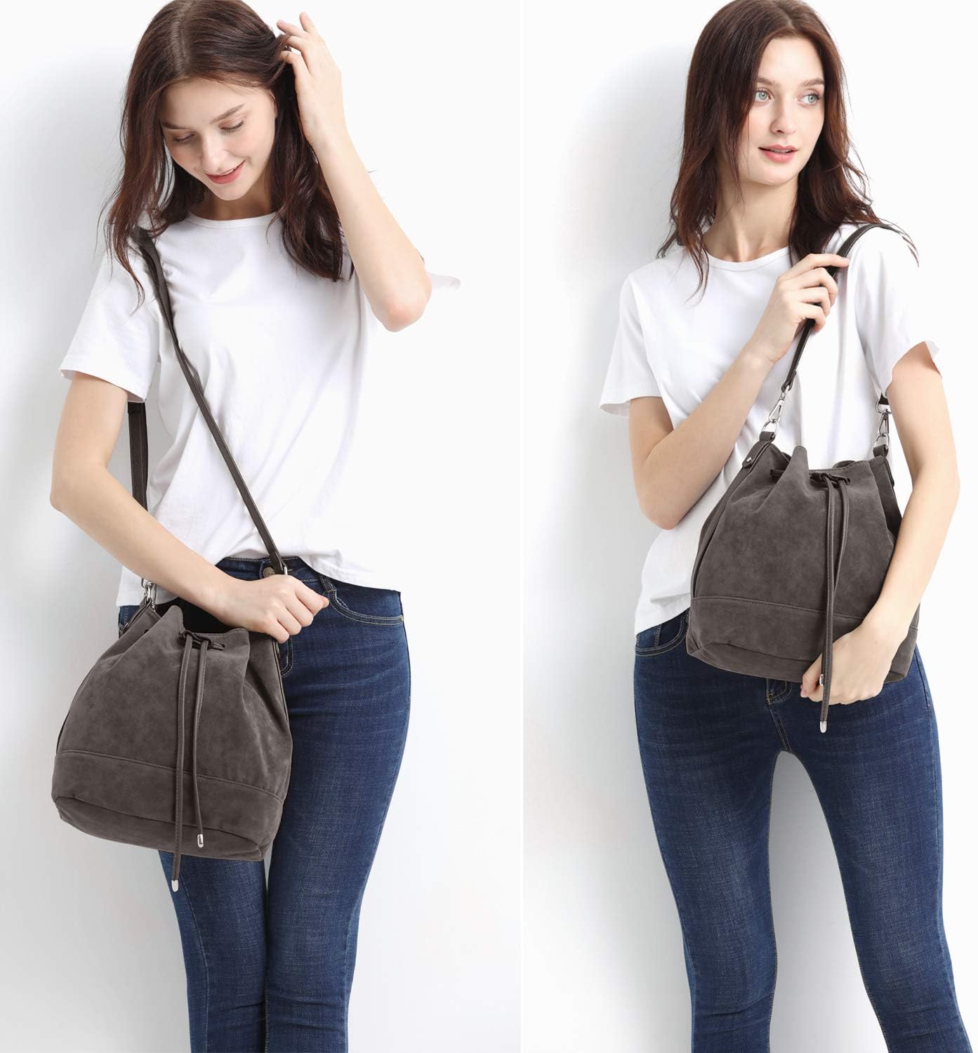 AFKOMST Suede Bucket Bags for Women Medium Slouchy Shoulder Handbag and Drawstring Hobo Purse with 2 Convertible Straps | Faux Suede, Spacious Room, Fit Tablet, A5 Notebook - Image 2