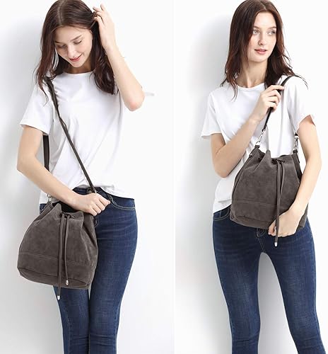 Vista 2 de AFKOMST Suede Bucket Bags for Women Medium Slouchy Shoulder Handbag and Drawstring Hobo Purse with 2 Convertible Straps Faux Suede, Spacious Room